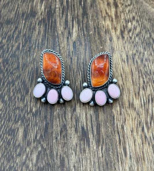 Navajo Handmade Sterling Silver Multi Color Spiny Pink Shell Cluster Earrings