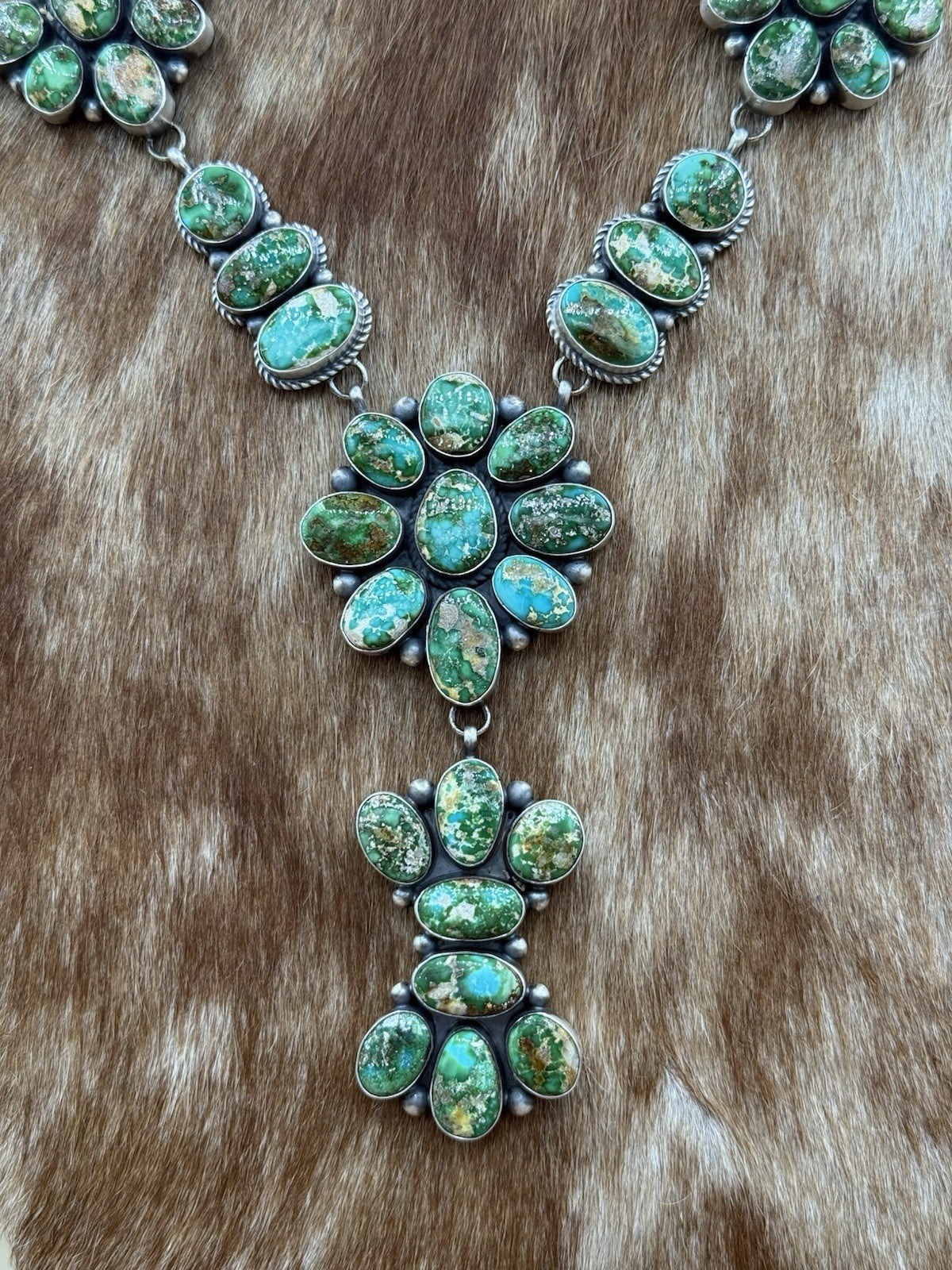 Navajo Handmade Sterling Silver Sonoran Gold Turquoise Cluster Lariat Necklace