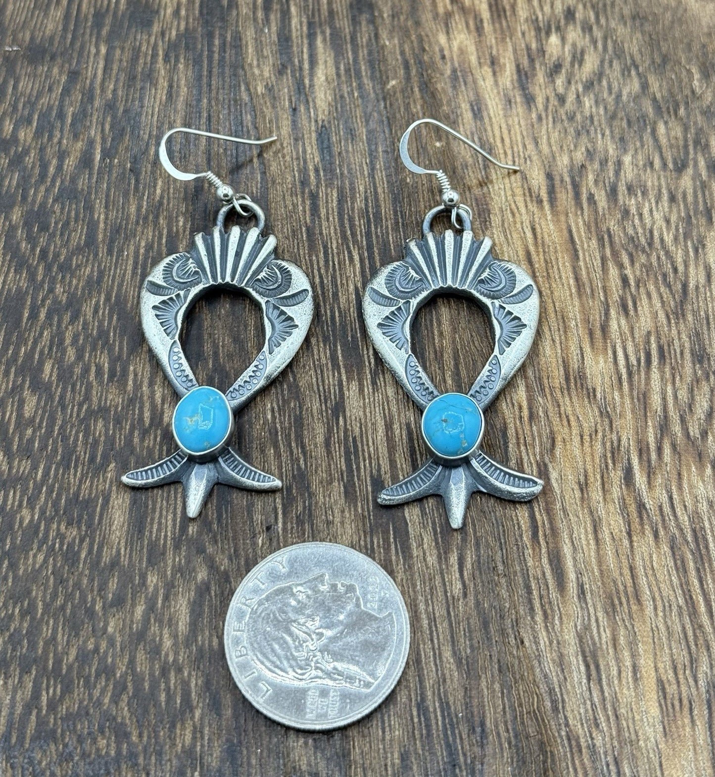 Navajo Handmade Sterling Silver Old Look Kingman Turquoise Earrings Kevin Billah