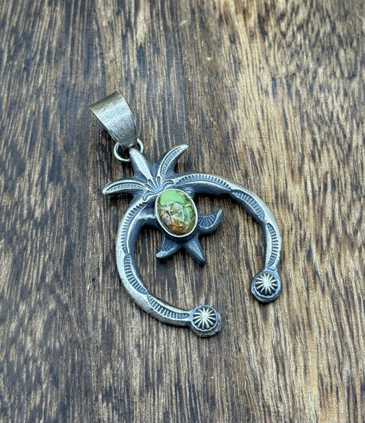 Navajo Handmade Sterling Silver Old Look Sonoran Gold Turquoise Naja Pendant