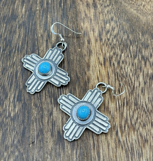 Navajo Handmade Sterling Silver Zia Kingman Turquoise Earrings Kevin Billah