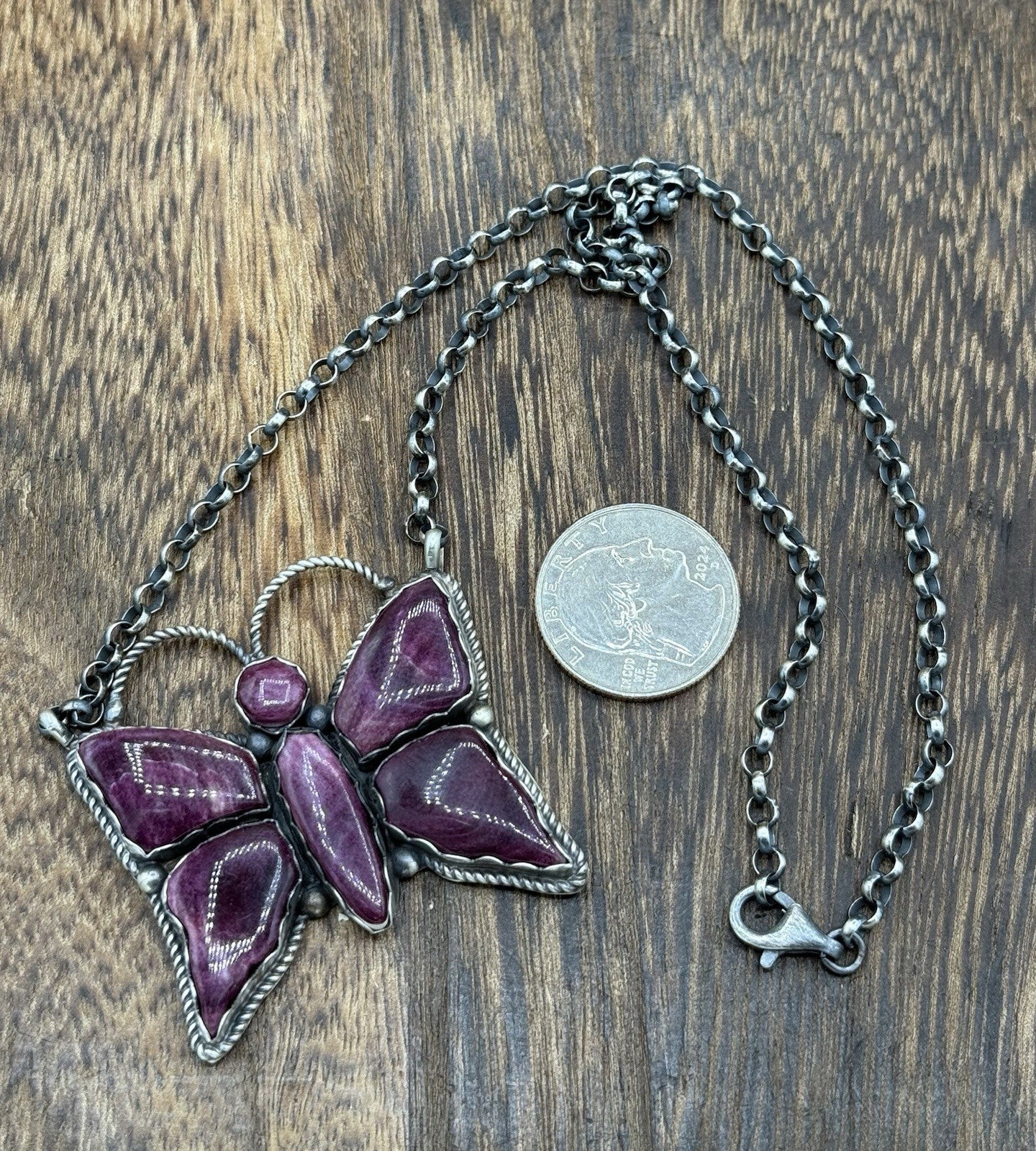 Navajo Handmade Sterling Silver Purple Spiny Oyster Butterfly Bar Necklace 18”