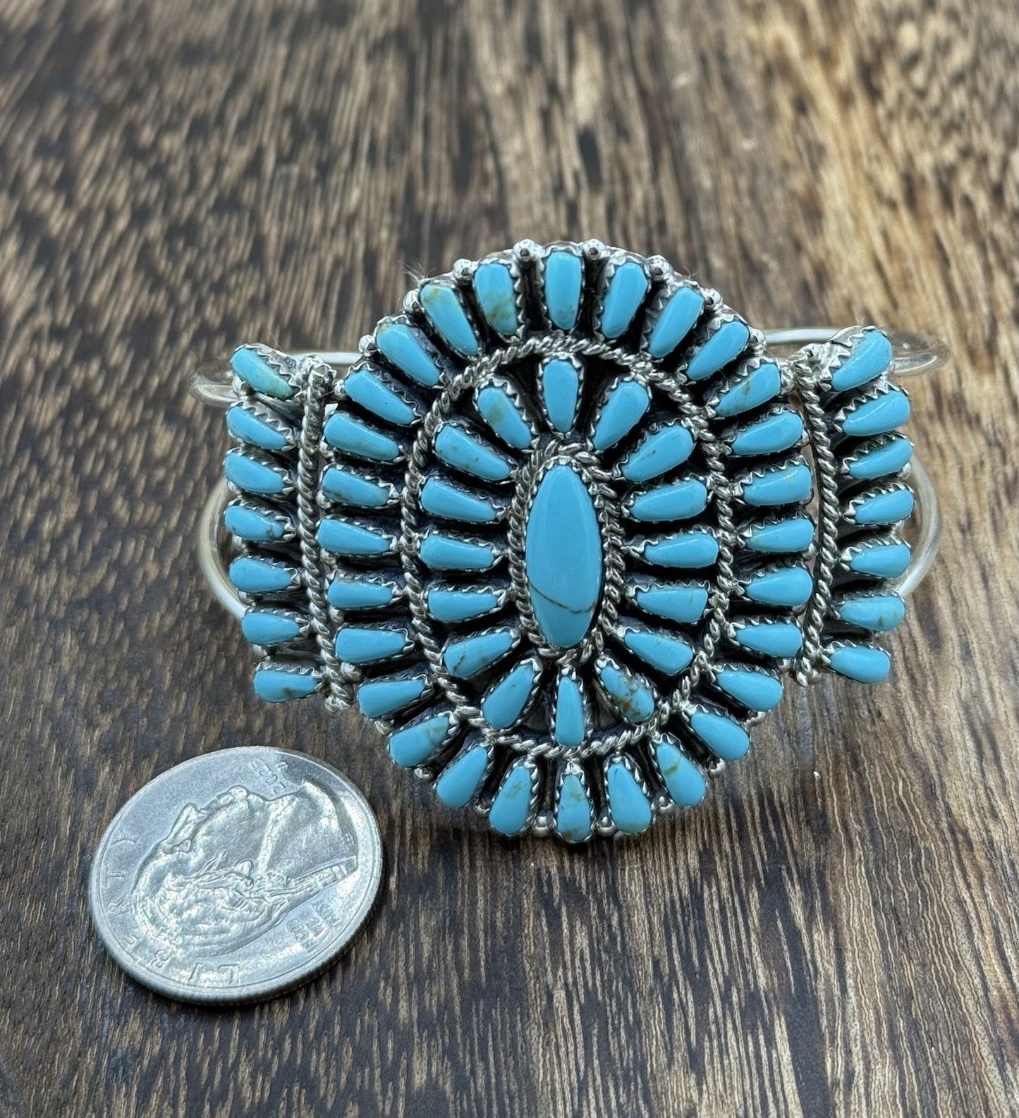 Native American Navajo Handmade Sterling Silver Turquoise Cluster Cuff Bracelet