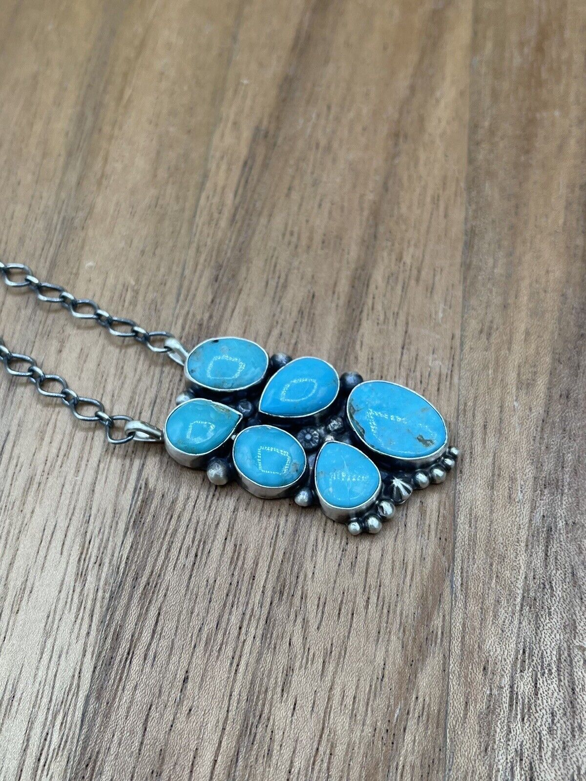 Native American Navajo Handmade Silver Turquoise Cluster Bar Necklace 18 Inch