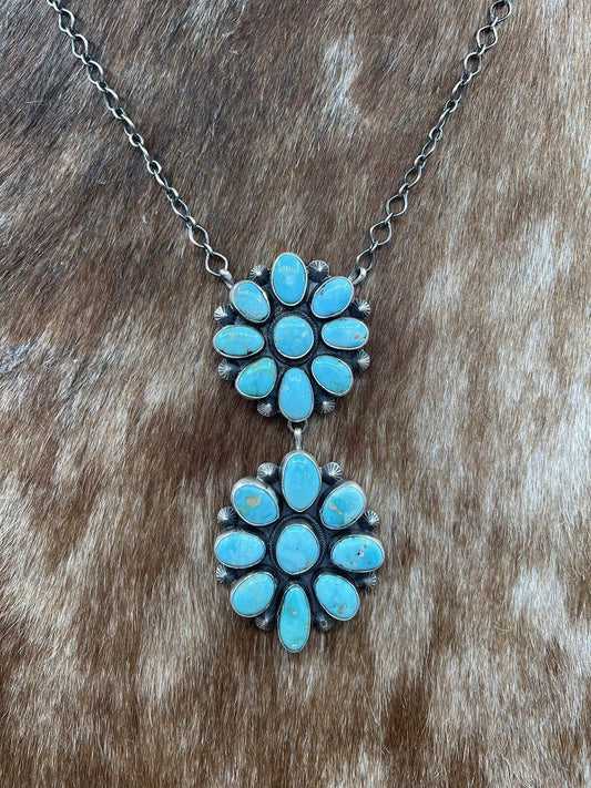 Native American Navajo Handmade Silver Kingman Turquoise Double Cluster Necklace