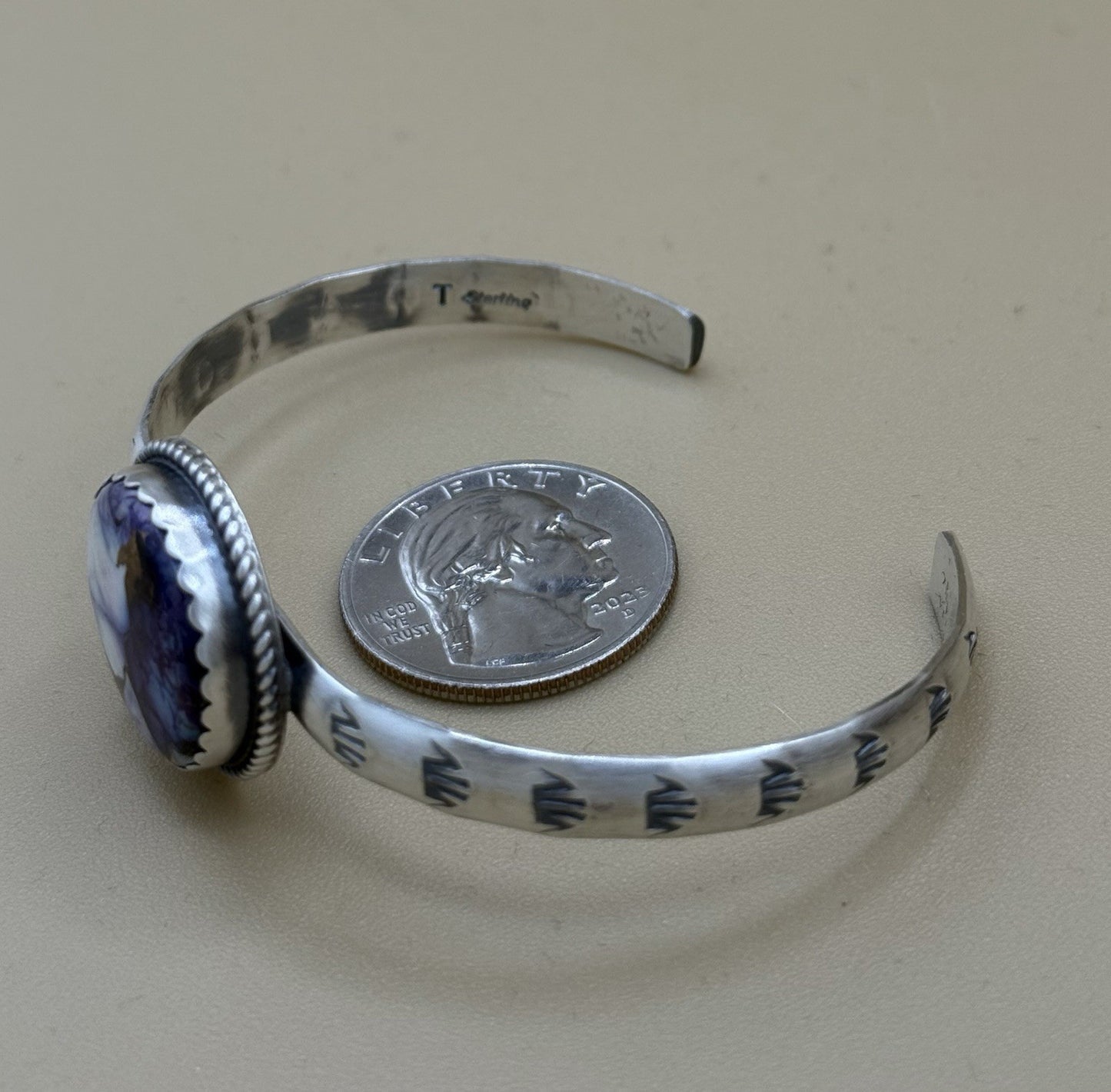 Navajo Handmade Sterling Silver Violet Rose Dahlia Stamped Stacker Cuff Bracelet