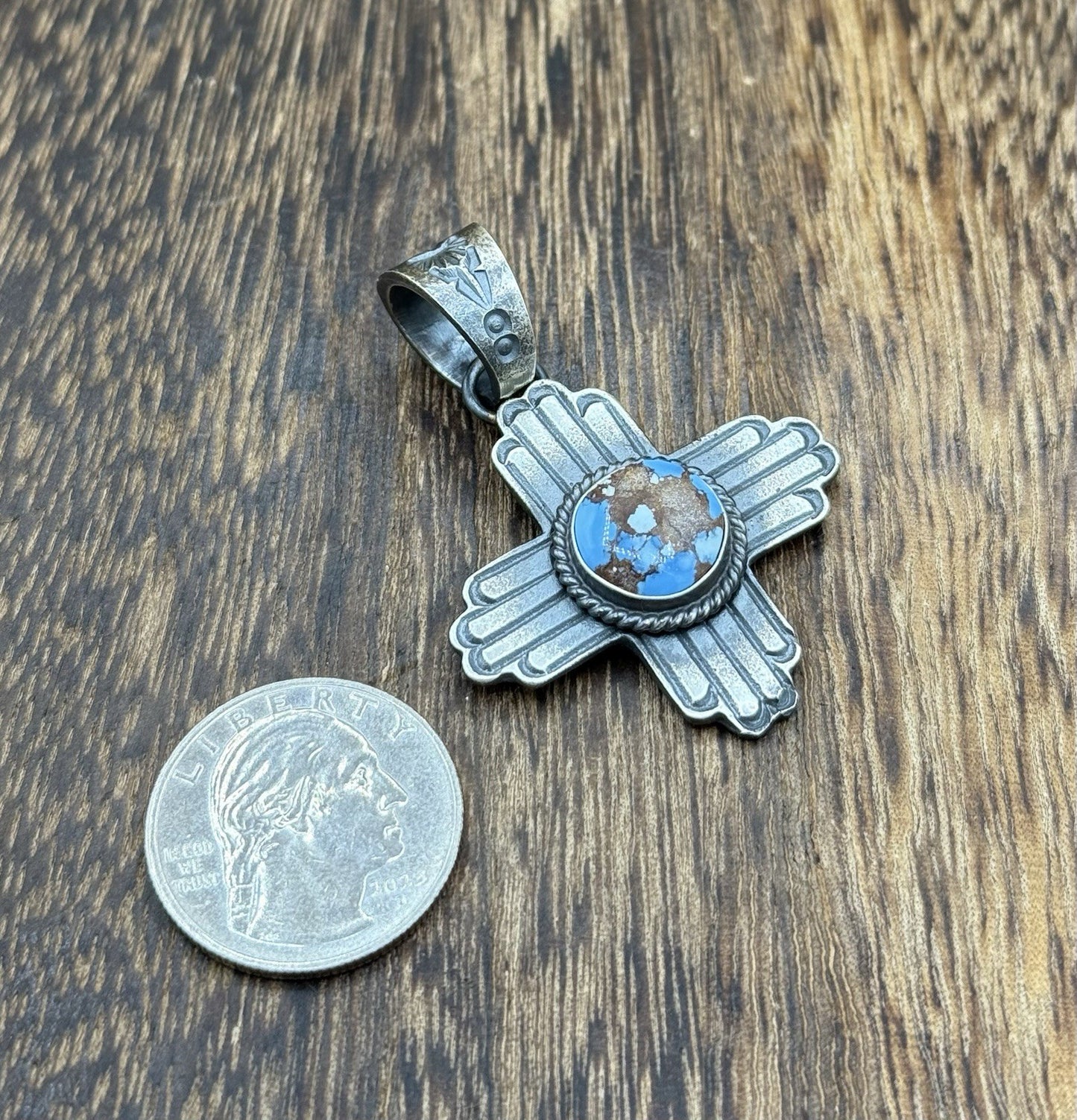 Navajo Handmade Sterling Silver Old Look Golden Hills Turquoise Zia Pendant