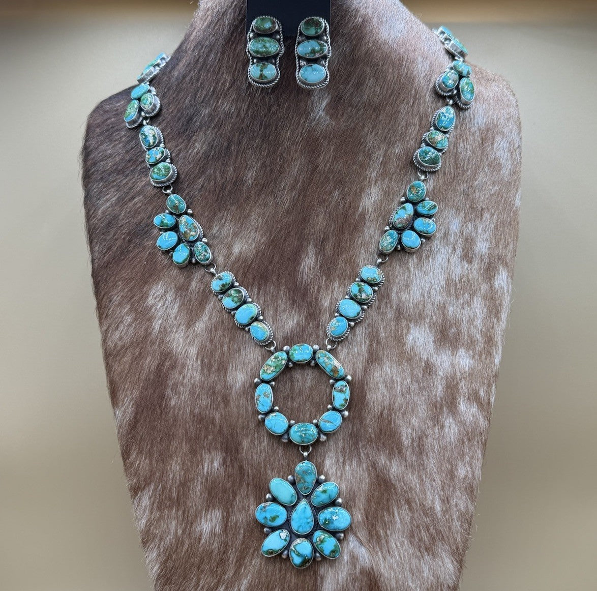 Navajo Handmade Sterling Silver Sonoran Gold Turquoise Cluster Lariat Necklace