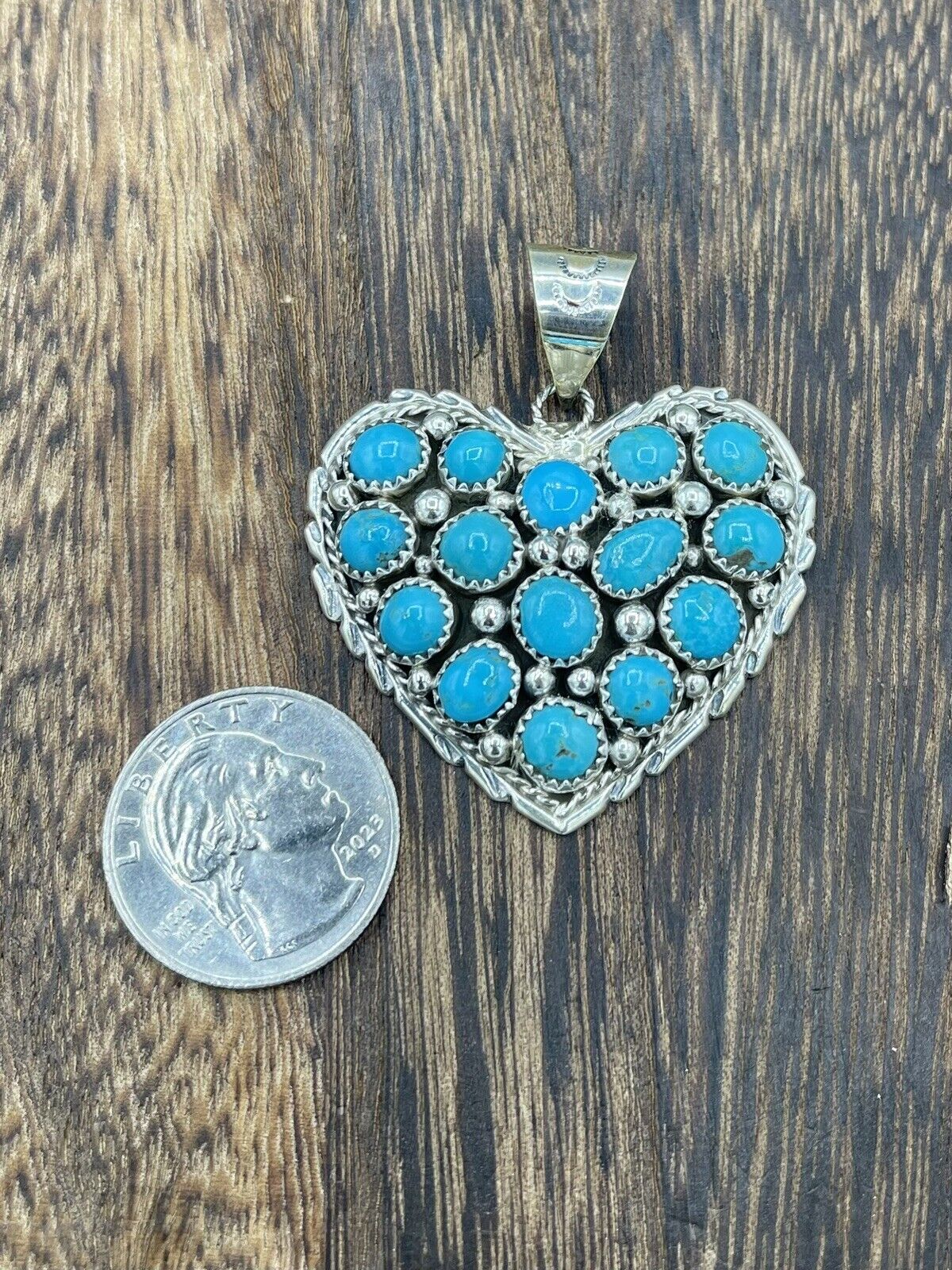 Native American Sterling Silver Navajo Handmade Natural  Turquoise Heart Pendant