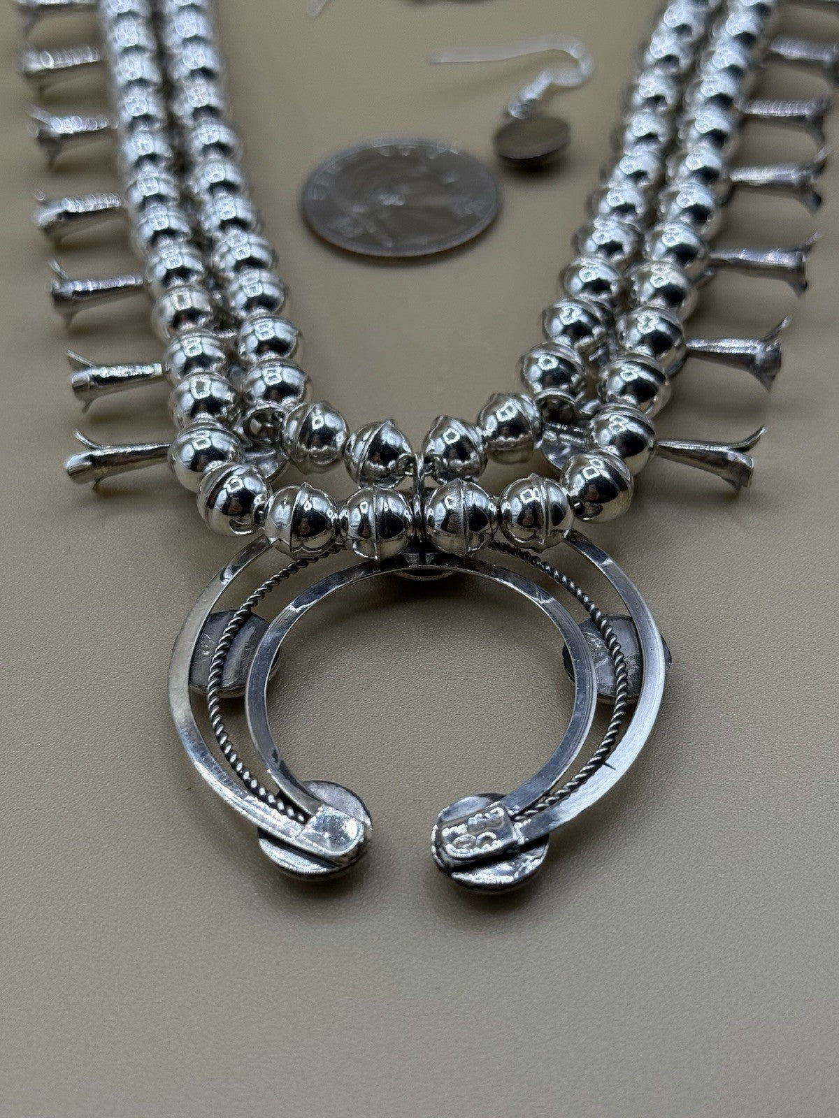 Native American Navajo Handmade Silver Kingman Turquoise Squash Blossom Set 18”