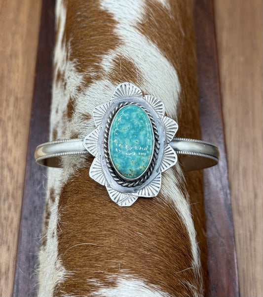 Native Navajo Handmade Sterling Silver Kingman Turquoise Cuff Stamped Bracelet