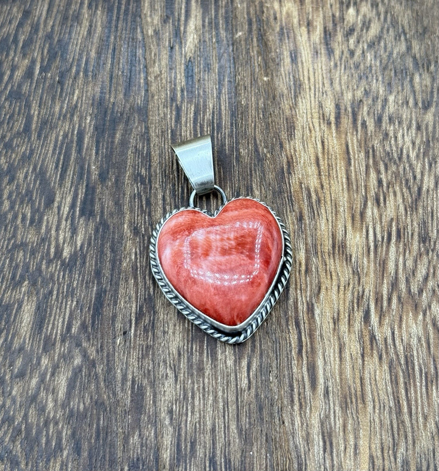 Navajo Handmade Sterling Silver Red Spiny Oyster Shell Heart Shaped Pendant