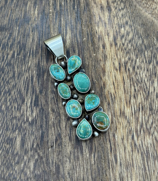 Native Navajo Handmade Sterling Silver Kingman Turquoise Cluster Drop Pendant
