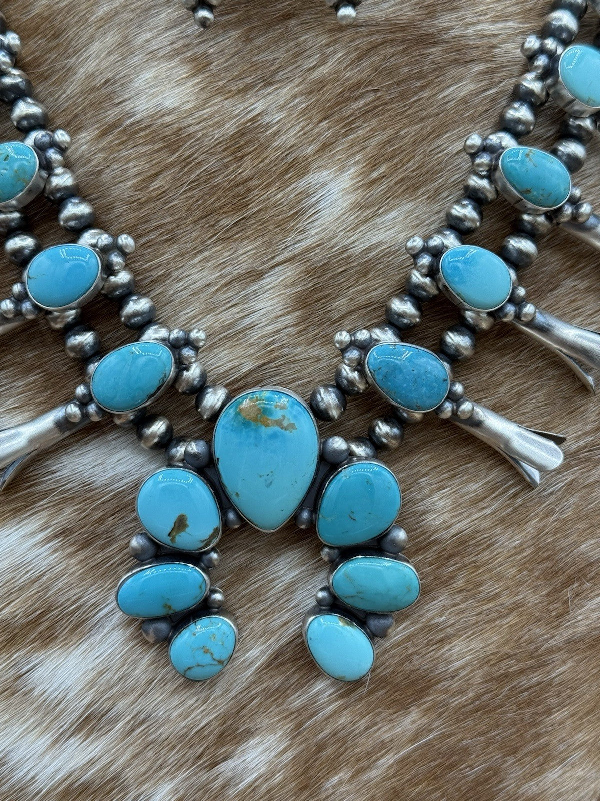 Navajo Handmade Sterling Silver Kingman Turquoise Squash Blossom Necklace 20”