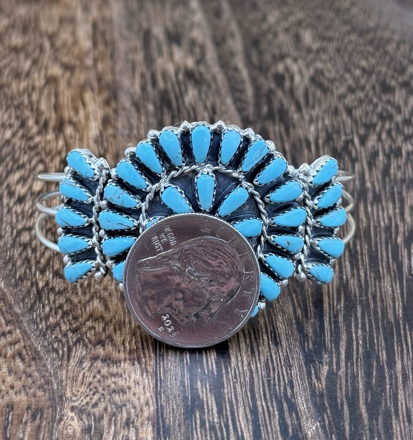 Native American Navajo Handmade Sterling Silver Turquoise Cluster Cuff Bracelet