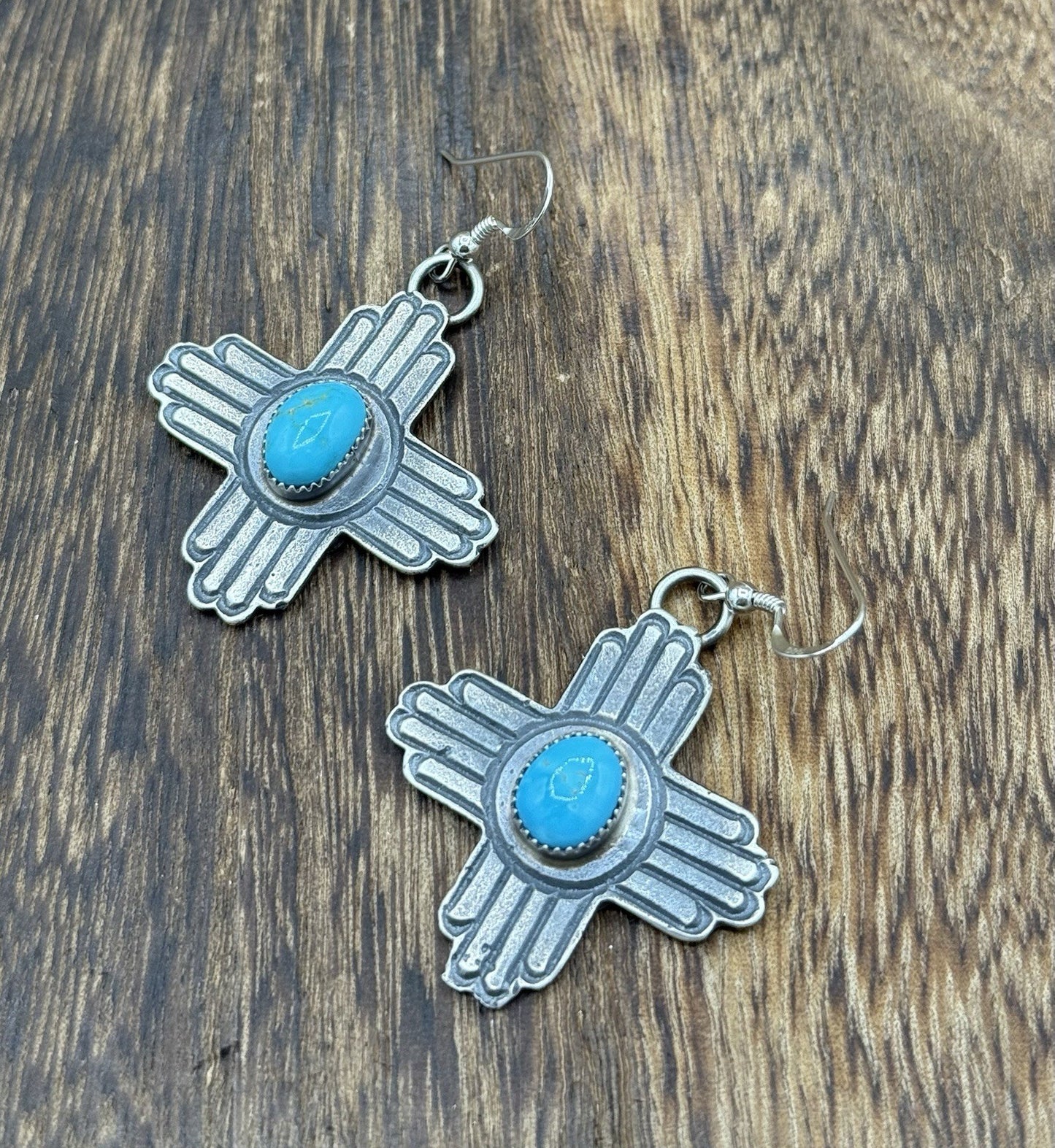 Navajo Handmade Sterling Silver Zia Kingman Turquoise Earrings Kevin Billah