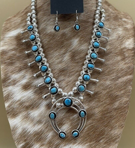 Native American Navajo Handmade Silver Kingman Turquoise Squash Blossom Set 18”