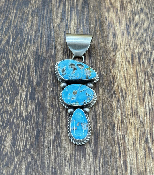 Native Navajo Handmade Sterling Silver Blue Bird Turquoise Cluster Drop Pendant
