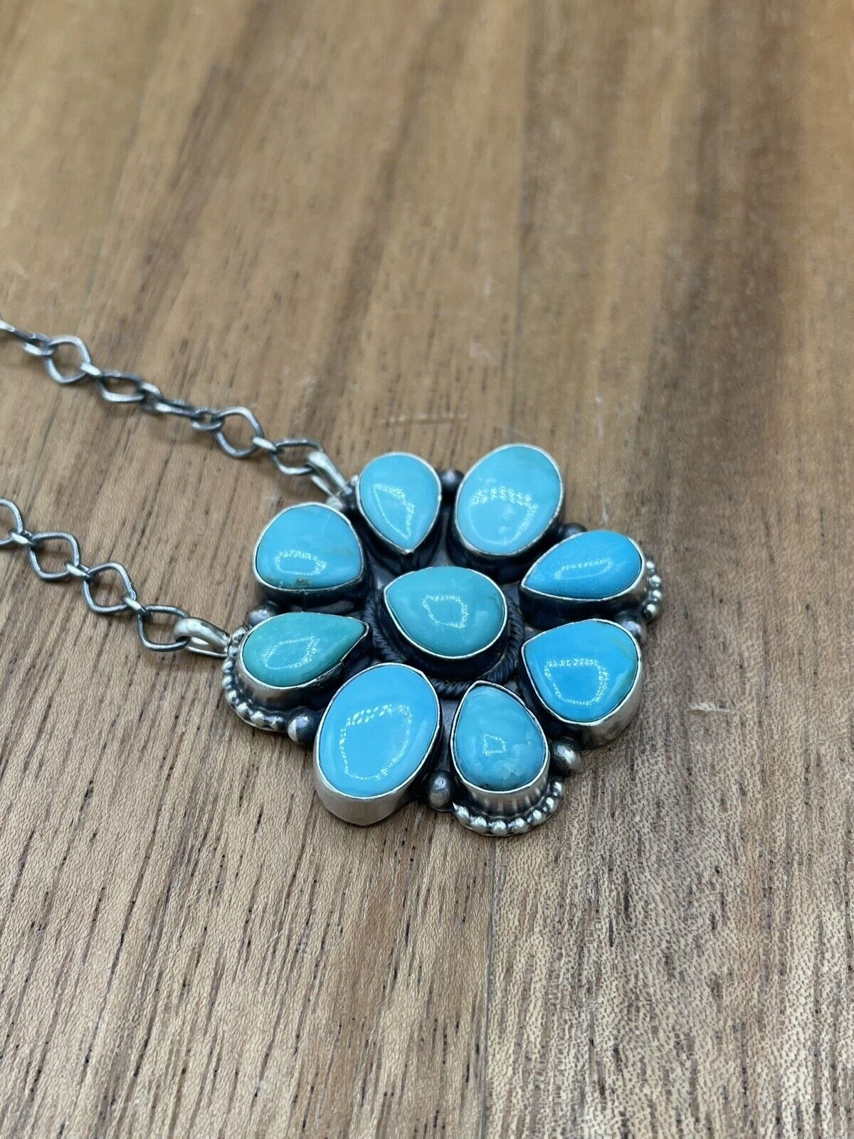 Native American Navajo Handmade Silver Turquoise Cluster Necklace 18 Inch