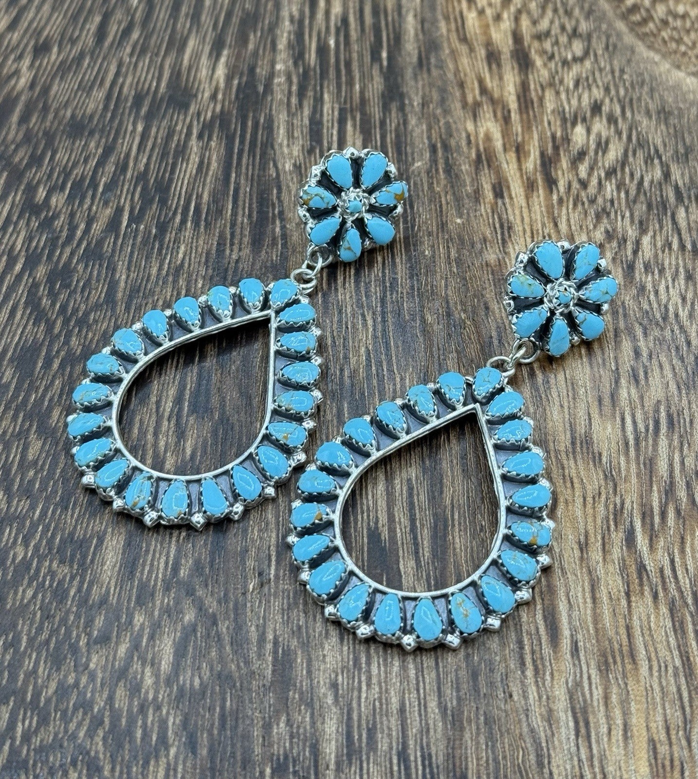 Navajo Handmade Sterling Silver Turquoise Cluster Post Drop earrings Large