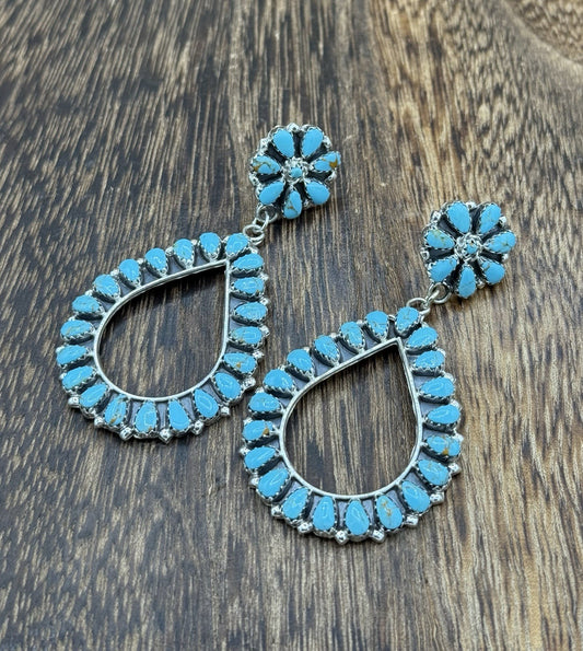 Navajo Handmade Sterling Silver Turquoise Cluster Post Drop earrings Large