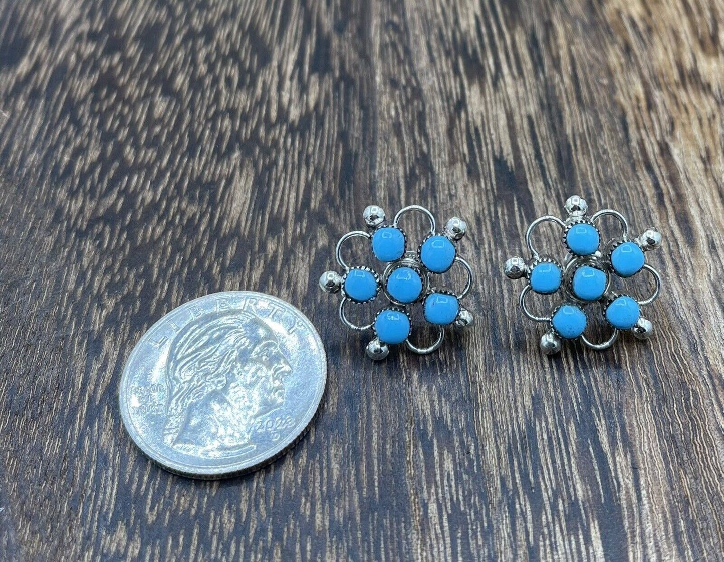 Native American Zuni Handmade Sterling Silver Turquoise Cluster Post Earrings