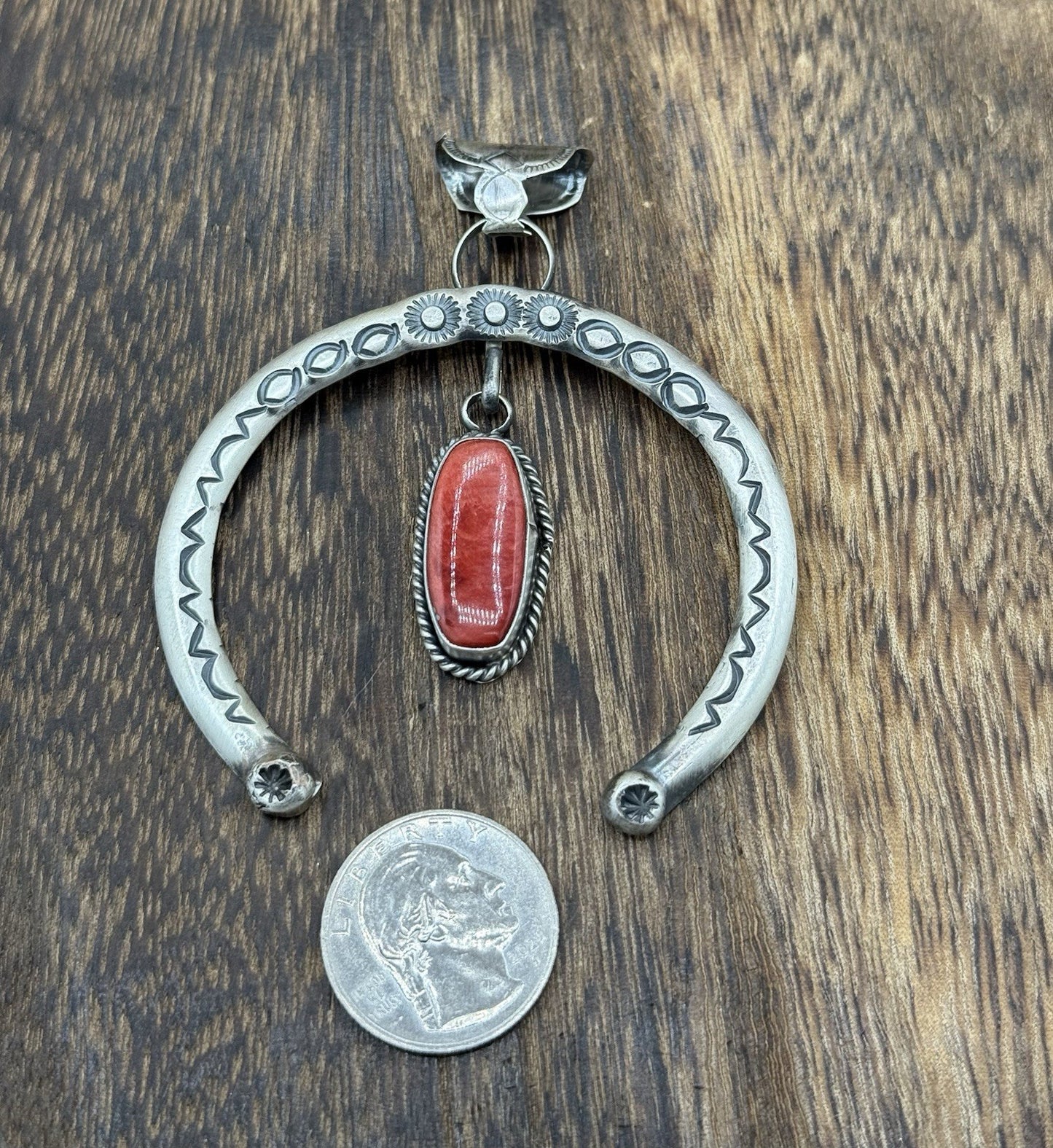 Navajo Handmade Sterling Silver Stamped Red Spiny Oyster Shell Naja Pendant