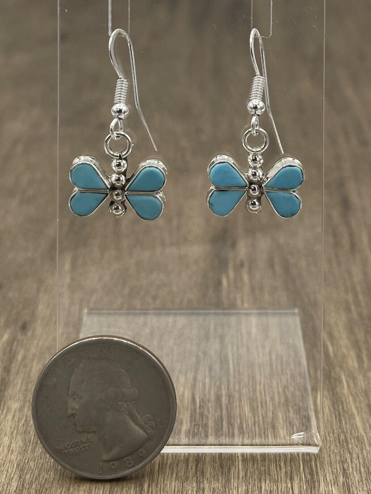 Native American Sterling Silver Zuni Handmade Turquoise Butterfly Earring