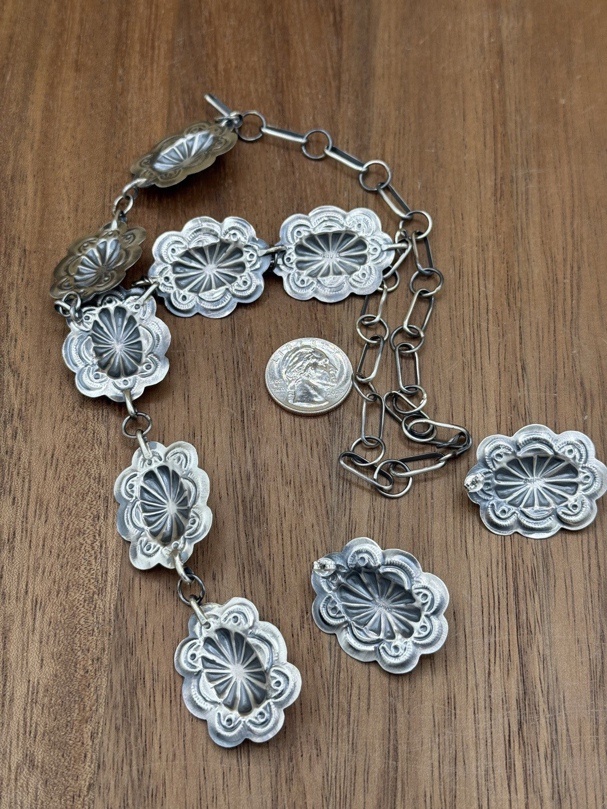 Navajo Handmade Sterling Silver Stamped Concho Turquoise Lariat Necklace Set 20”