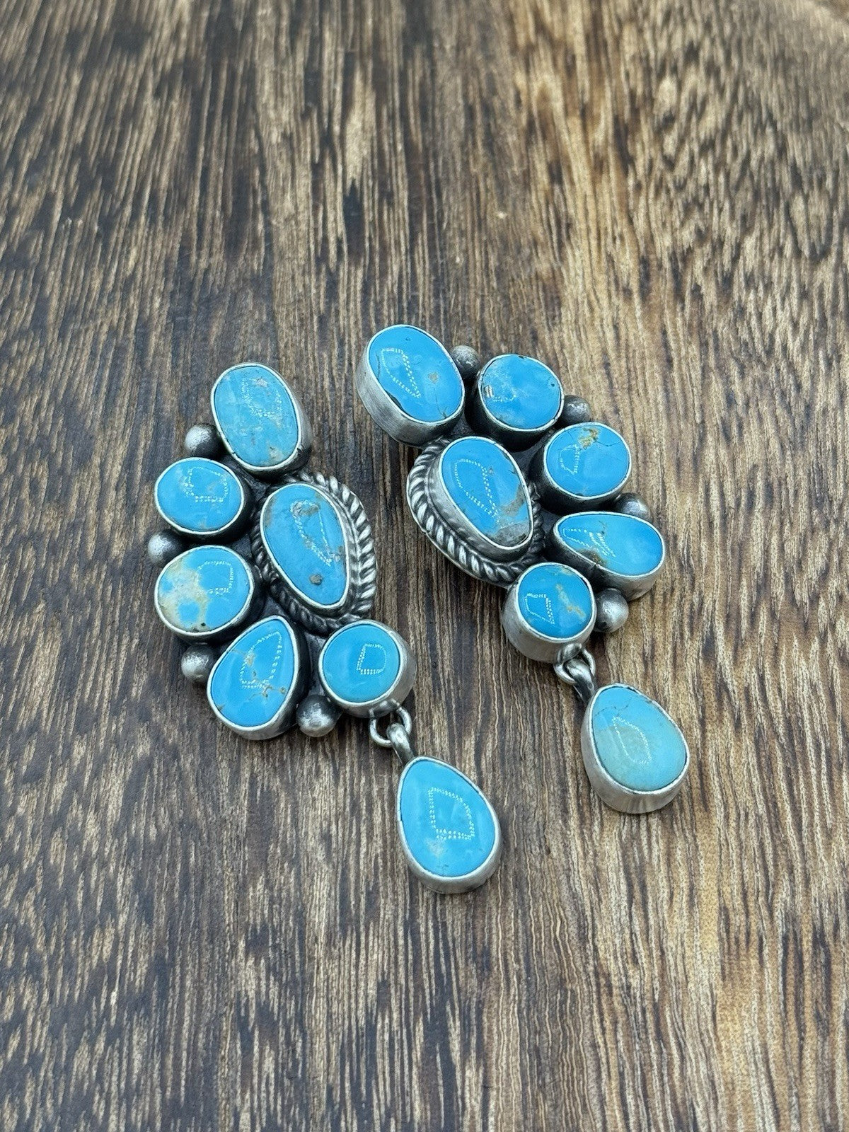 Navajo Handmade Sterling Silver Kingman Turquoise Half Cluster Drop Earrings