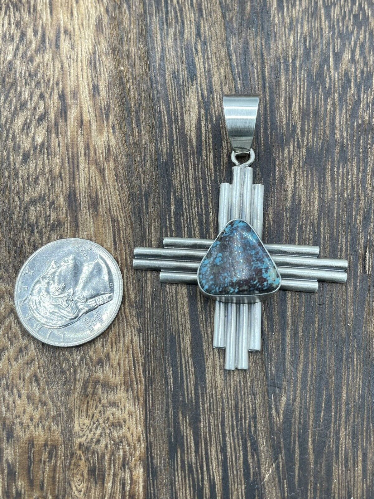 Native American Sterling Silver Navajo Handmade Turquoise Zia Pendant -Betta Lee