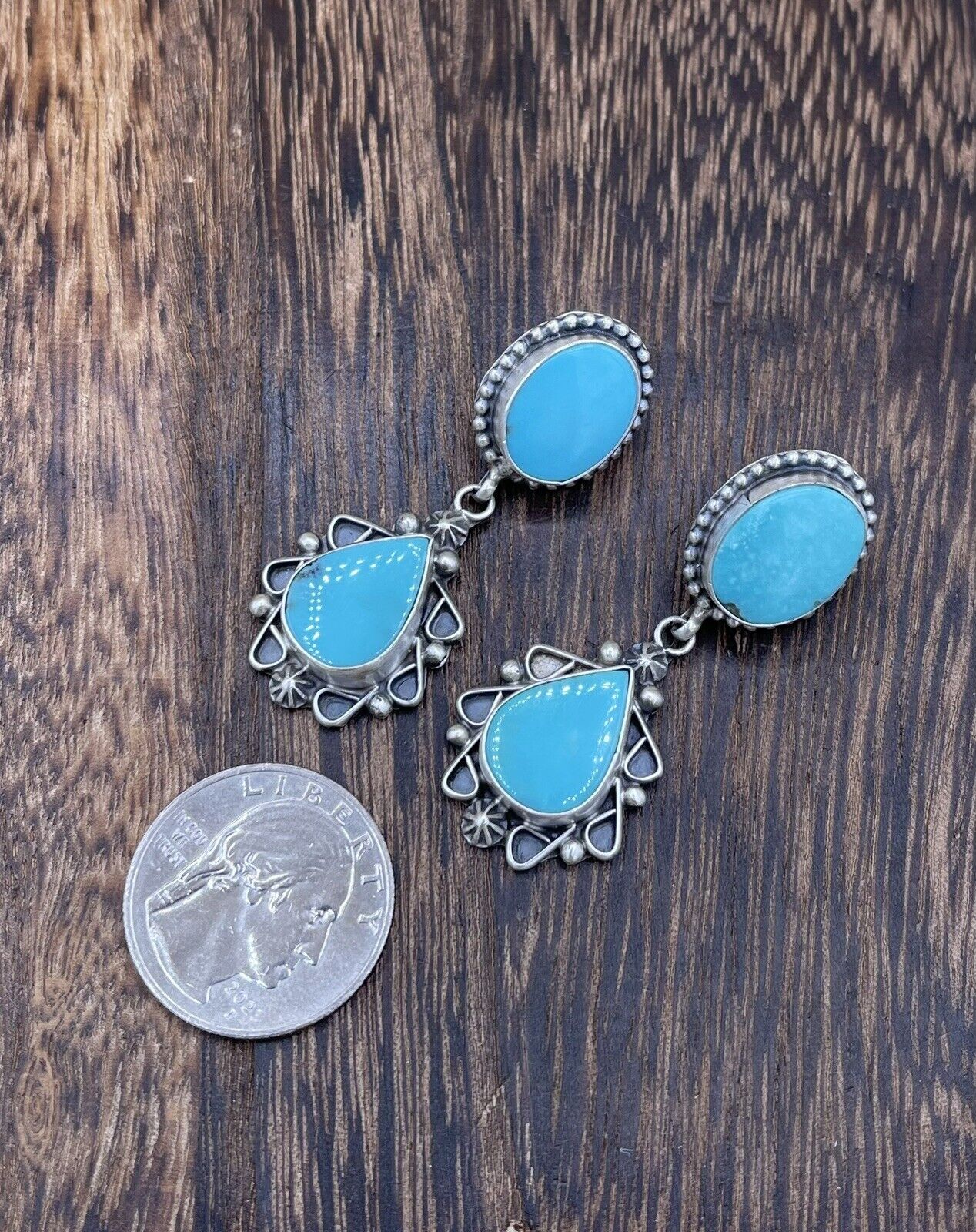 Native American Sterling Silver Navajo Handmade Turquoise Post Dangle Earrings