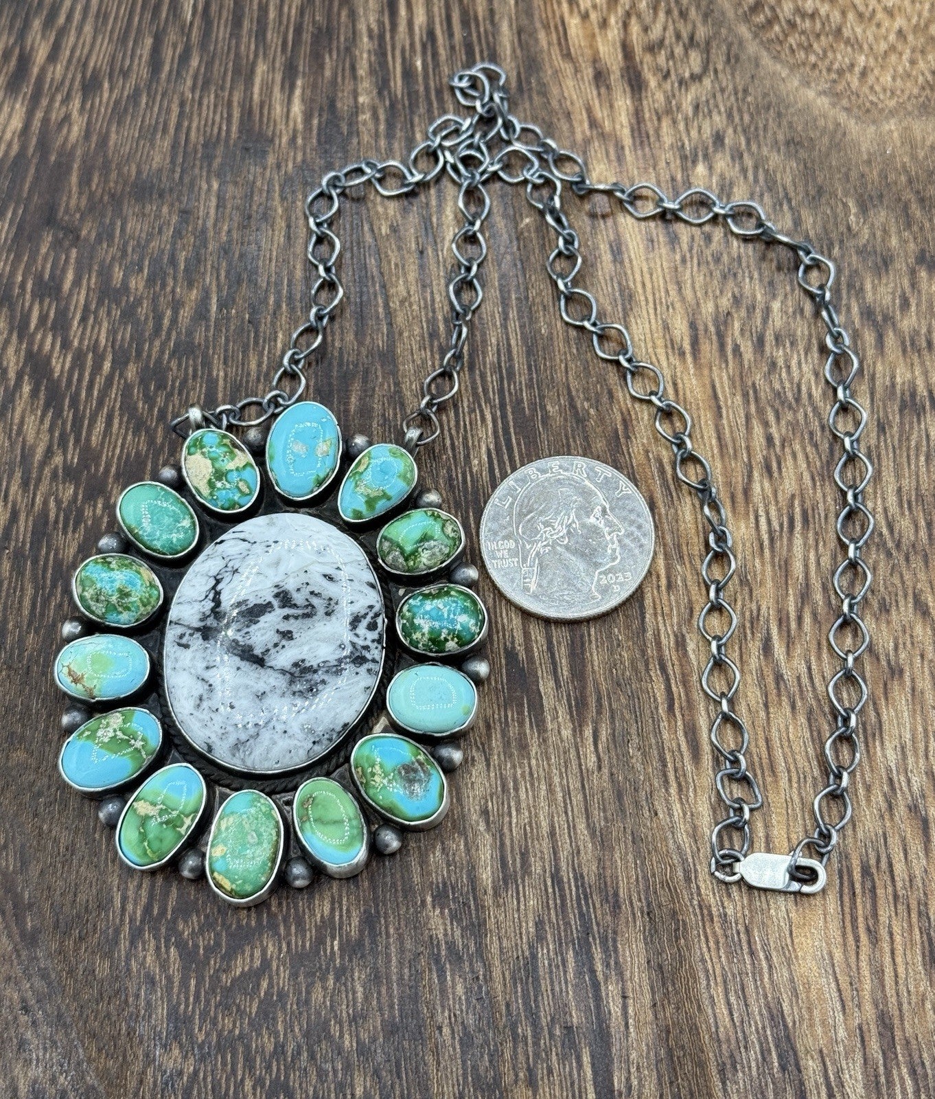 Navajo Handmade Silver Sonoran Gold Turquoise & White Buffalo Cluster Necklace