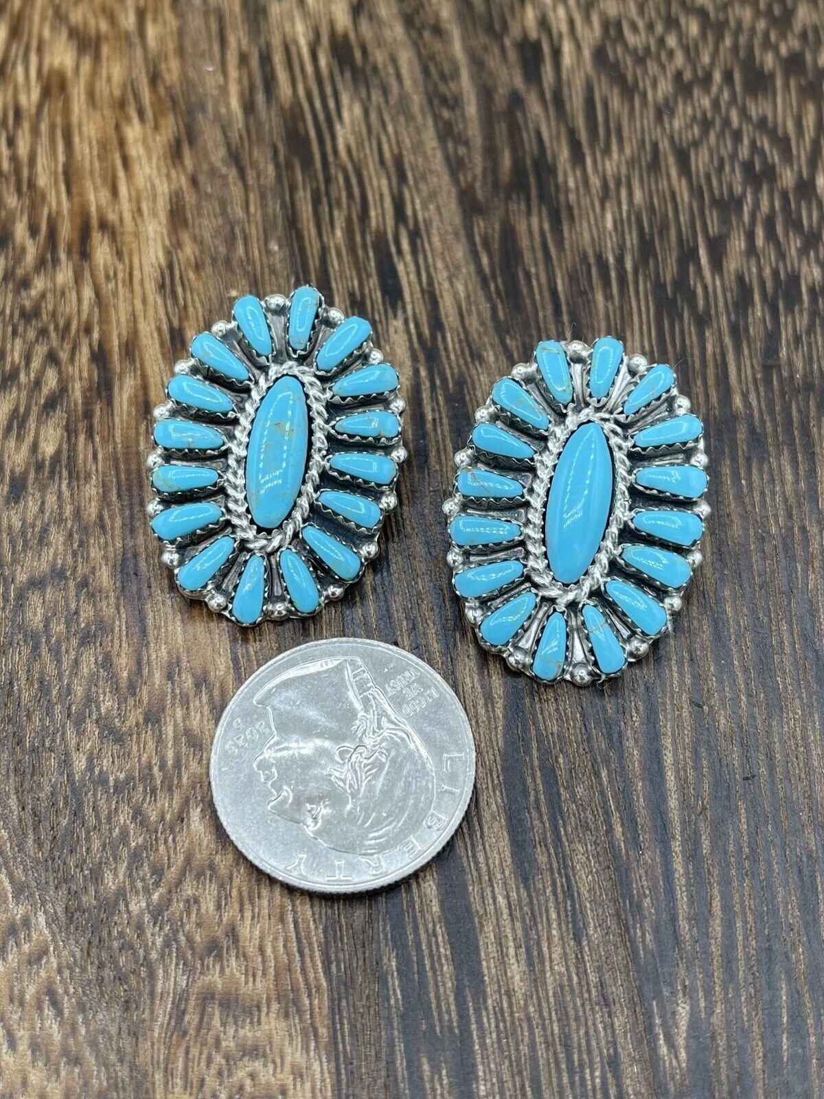 Native American Navajo Handmade Sterling Silver Turquoise Cluster Stud Earrings