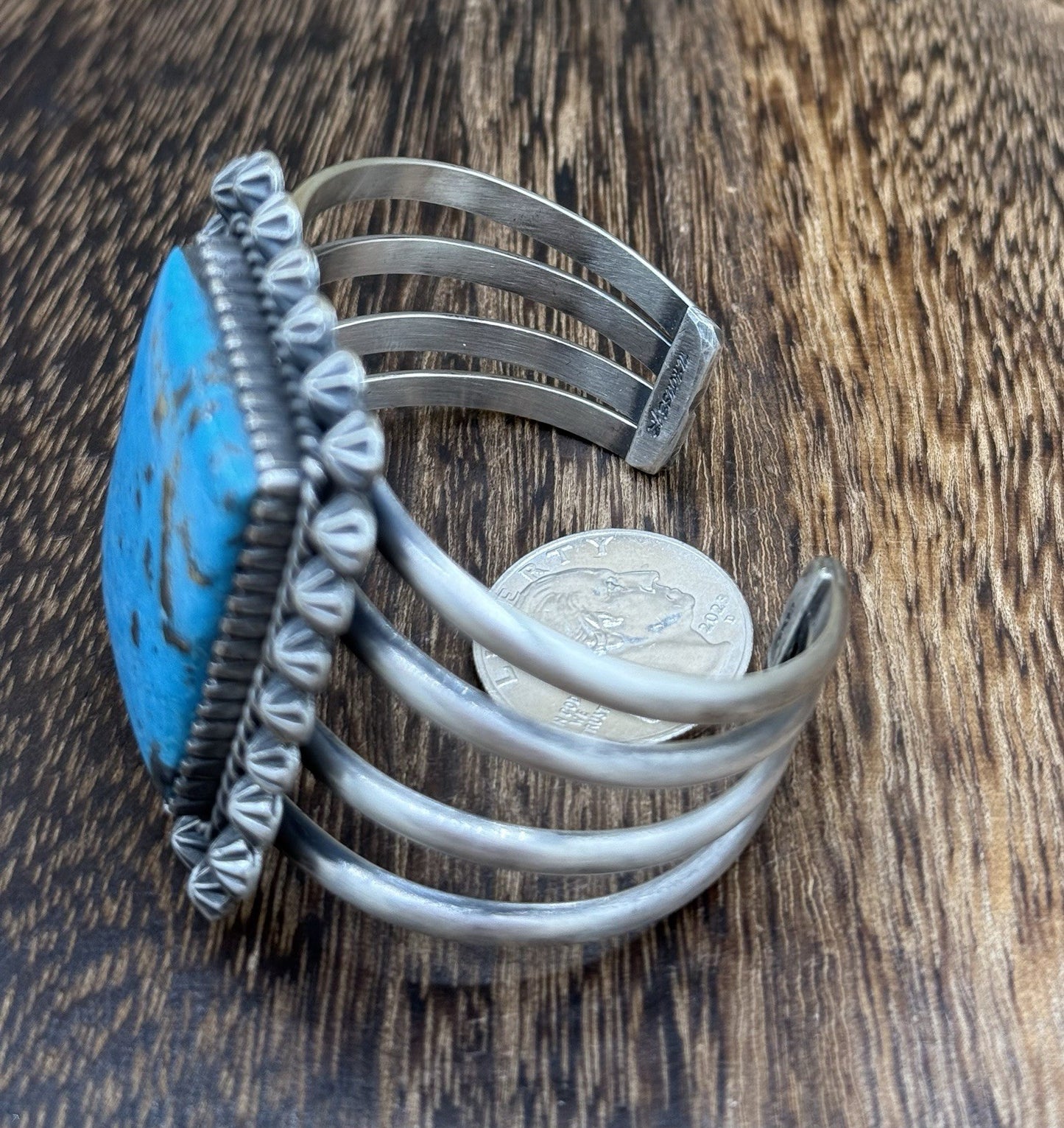 Native Navajo Handmade Sterling Silver Morenci Turquoise Old Look Cuff Bracelet