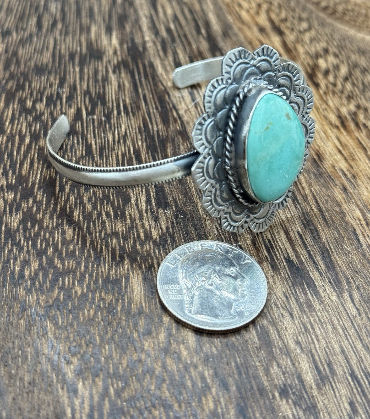 Native Navajo Handmade Sterling Silver Kingman Turquoise Cuff Stamped Bracelet