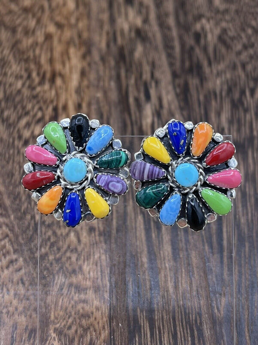 Native American Navajo Handmade Sterling Silver Multicolor Cluster Stud Earrings