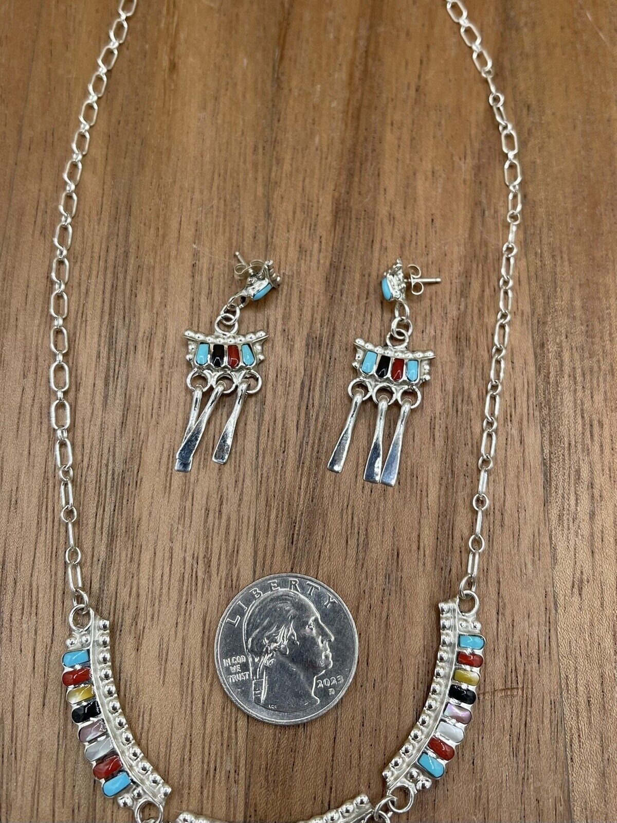 Native American Zuni handmade Sterling Silver Multi Stone Inlay Dangle Necklace