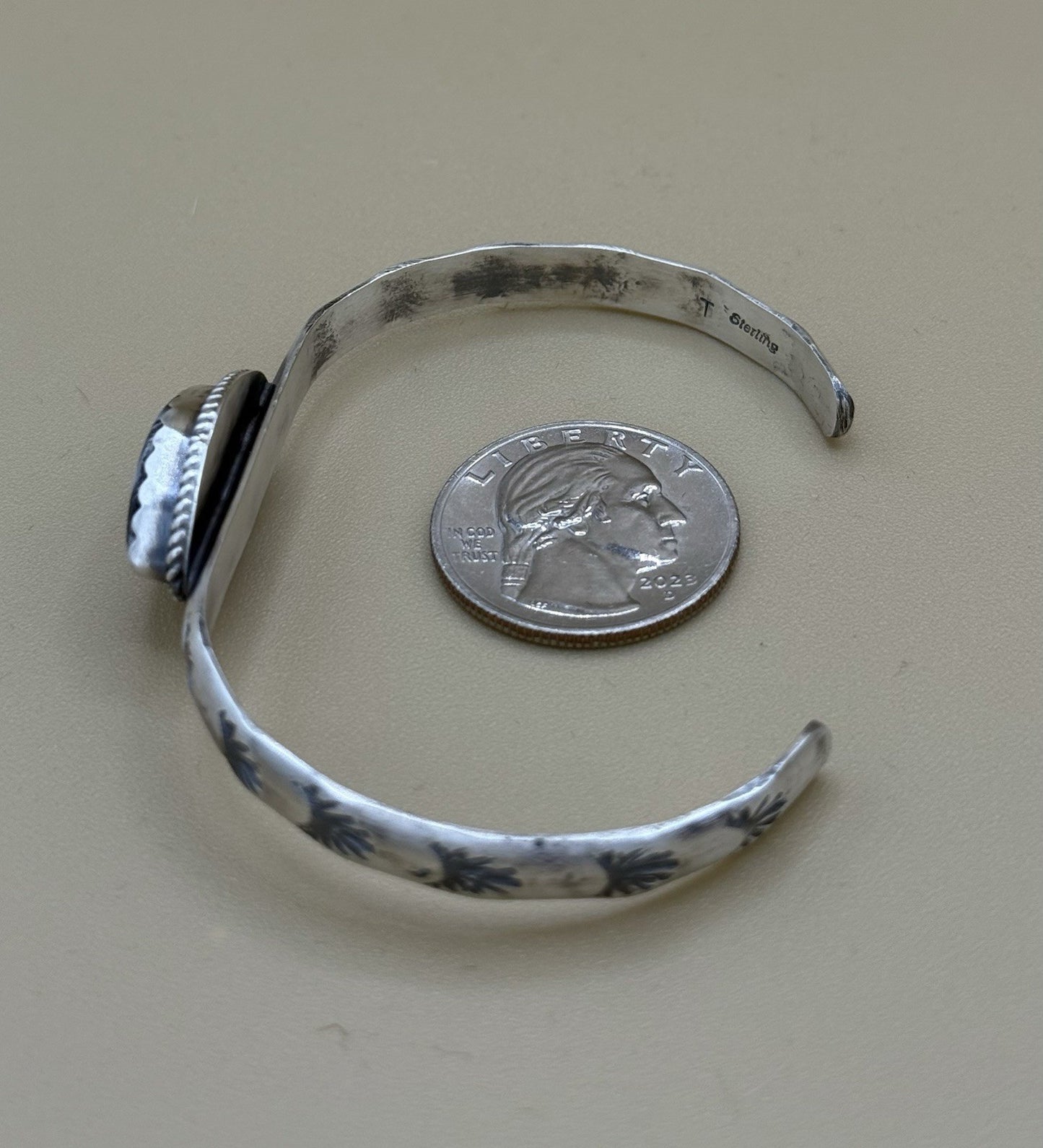 Navajo Handmade Sterling Silver White Buffalo Stamped Stacker Cuff Bracelet