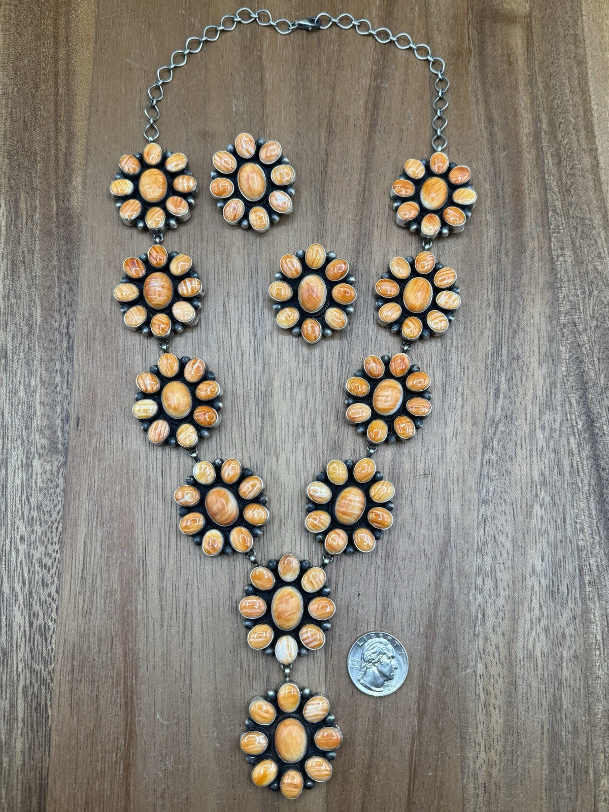 Navajo Handmade Silver Orange Spiny Oyster Cluster Lariat Dangle Necklace 24”