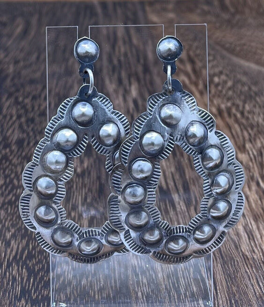 Native American Navajo Handmade Sterling Silver Old Look Post Dangle Earrings