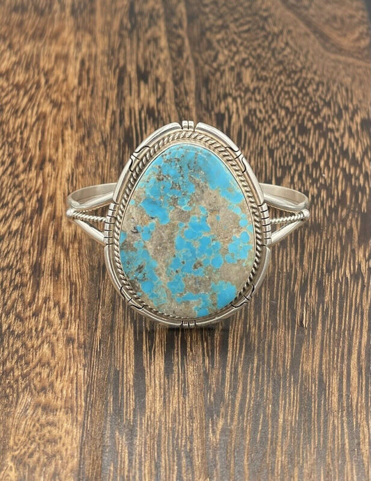 Native American Sterling Silver Navajo Handmade Kingman Turquoise Cuff Bracelet