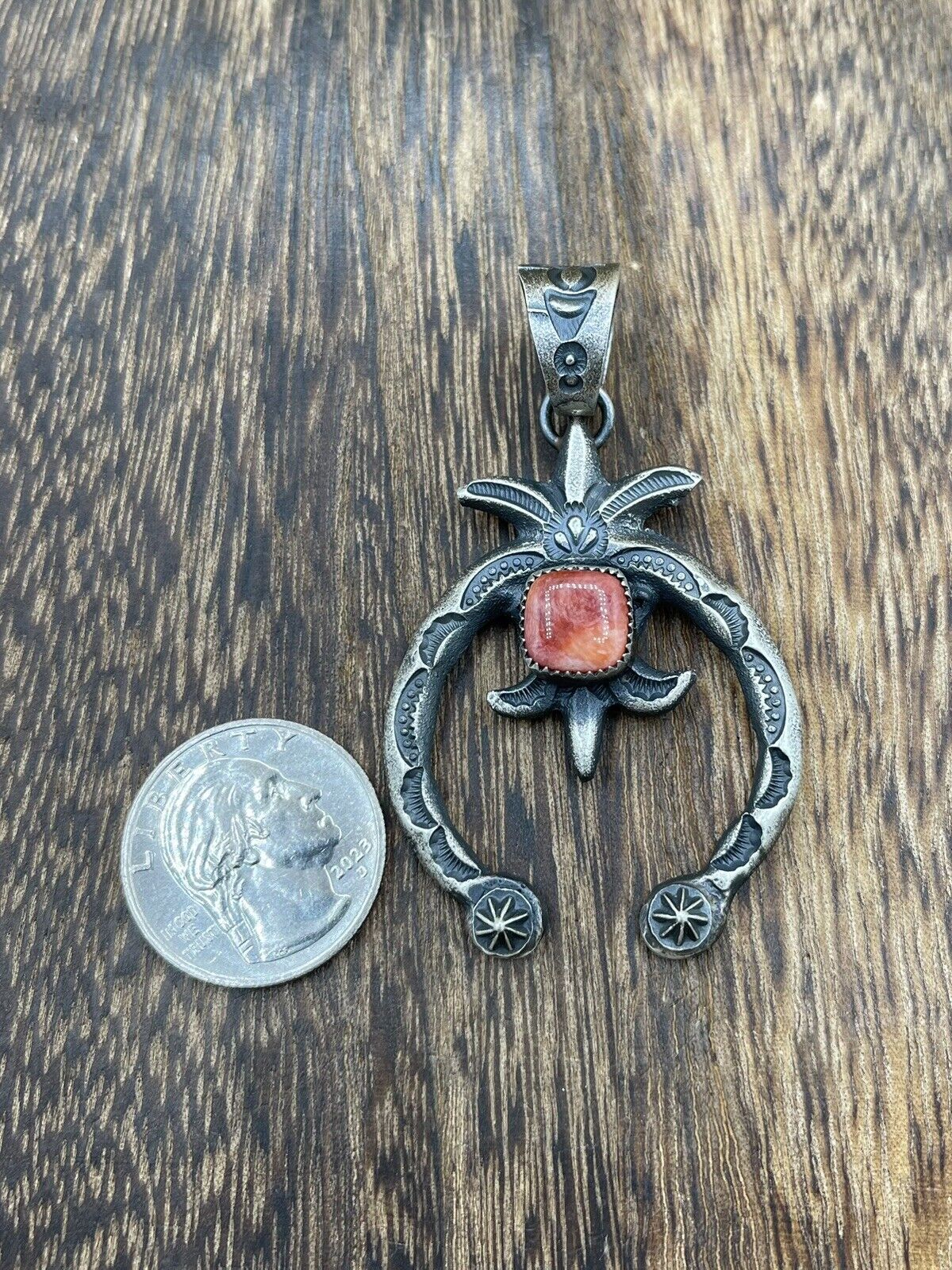 Native American Indian Navajo Handmade Silver Old Look Spiny Oyster Naja Pendant