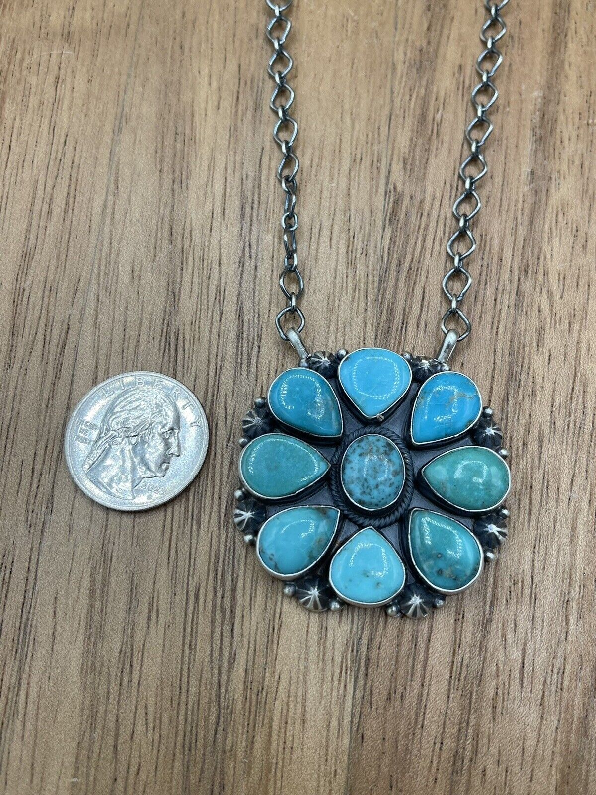 Native American Navajo Handmade Silver Turquoise Cluster Necklace 18 Inch