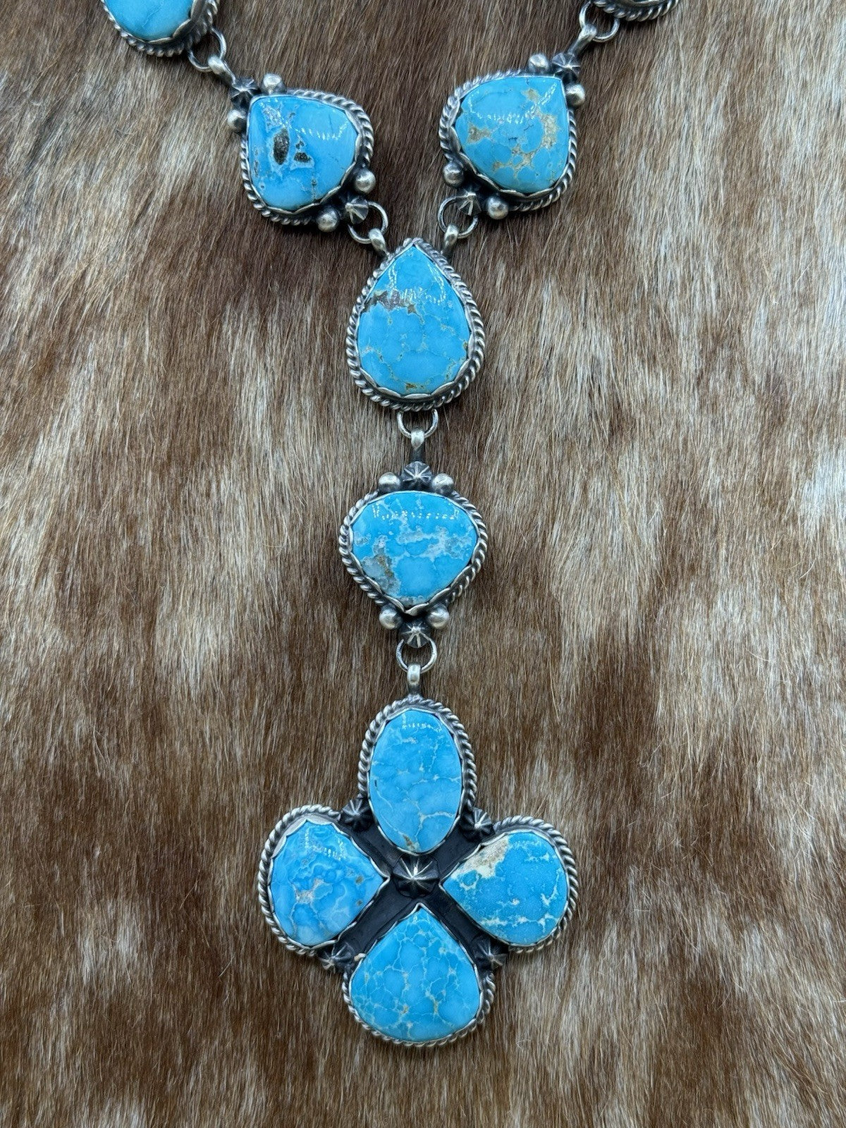 Native Navajo Handmade Sterling Silver Blue Bird Turquoise Y Lariat Necklace 24”