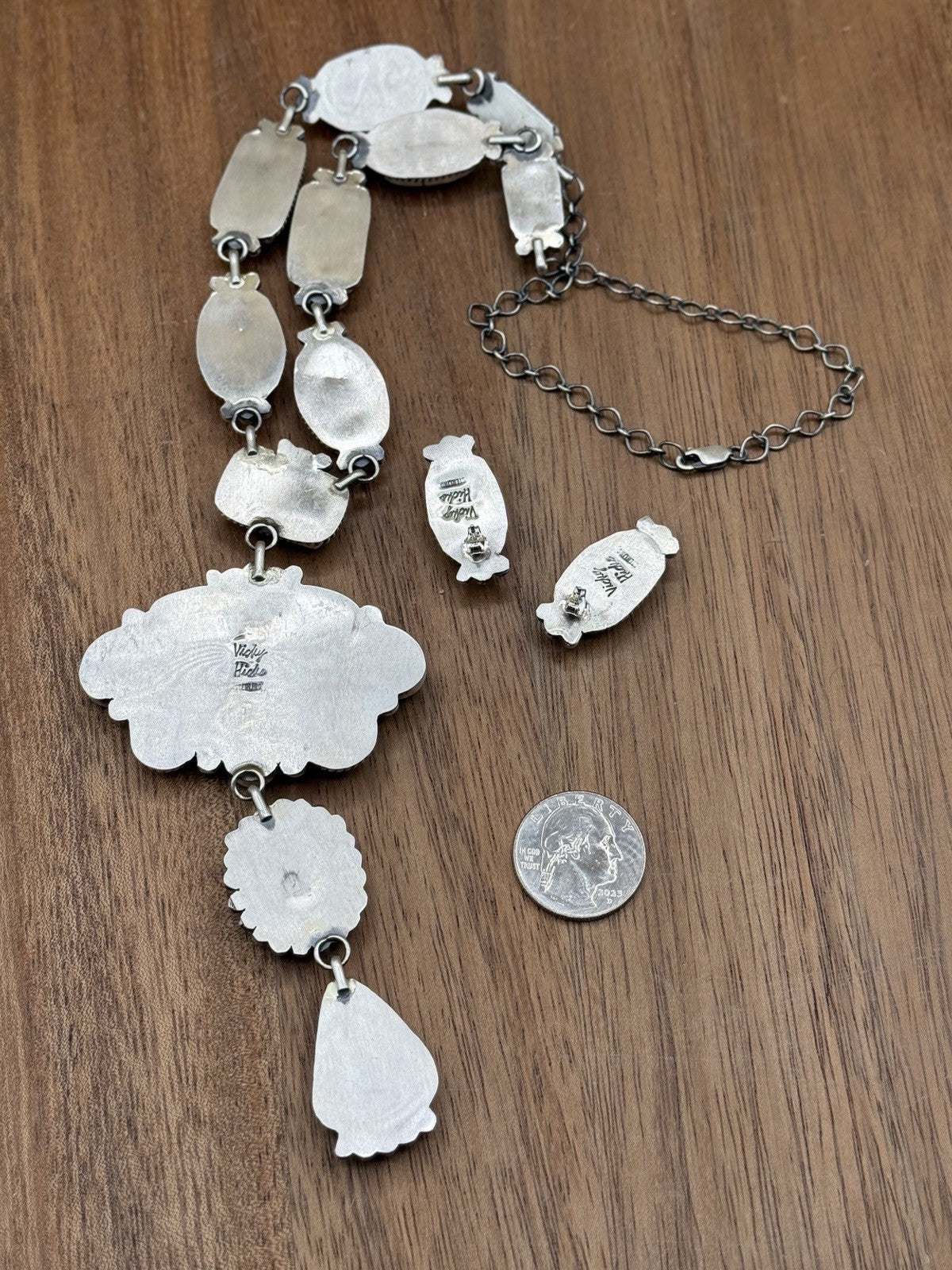 Navajo Handmade Sterling Silver Turquoise &White Buffalo Cluster Lariat Necklace