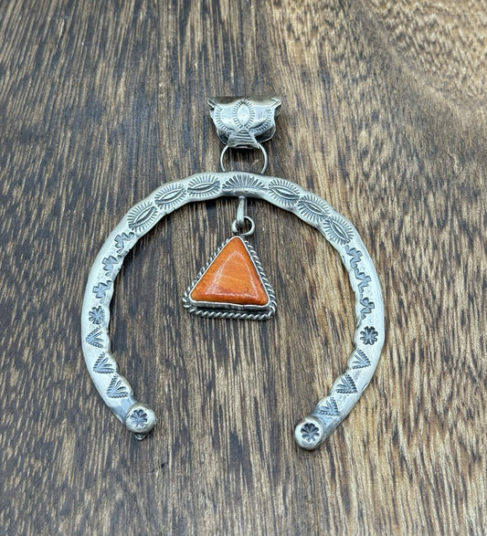Navajo Handmade Sterling Silver Stamped Red Spiny Oyster Shell Naja Pendant