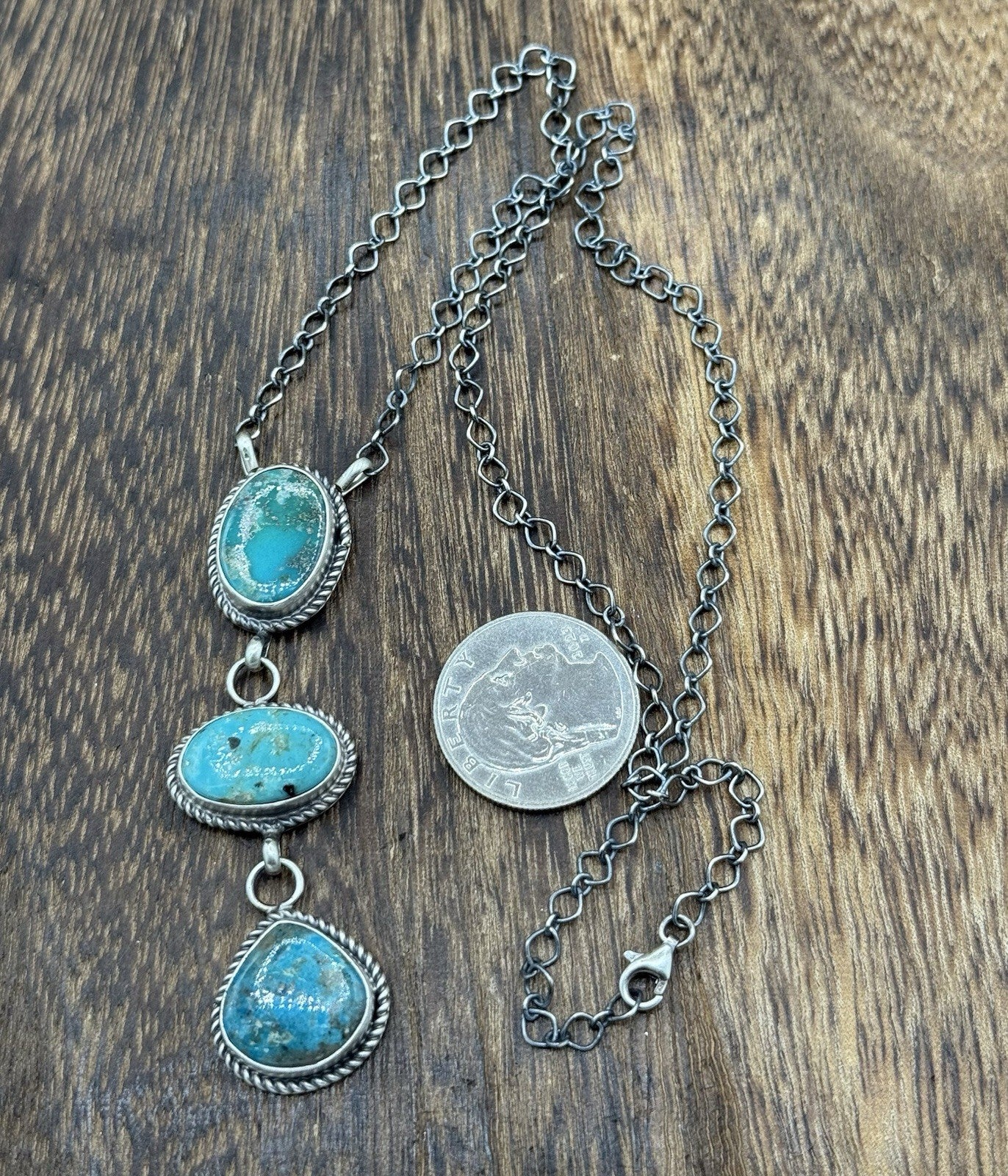 Native Navajo Handmade Sterling Silver Kingman Turquoise Lariat Necklace 18”