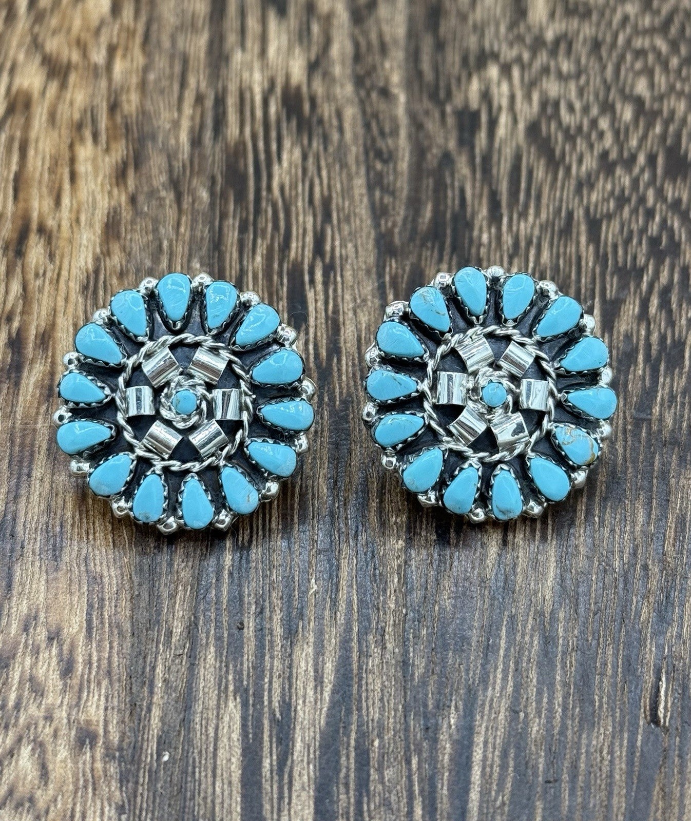 Native American Navajo Handmade Sterling Silver Turquoise Cluster Post earrings