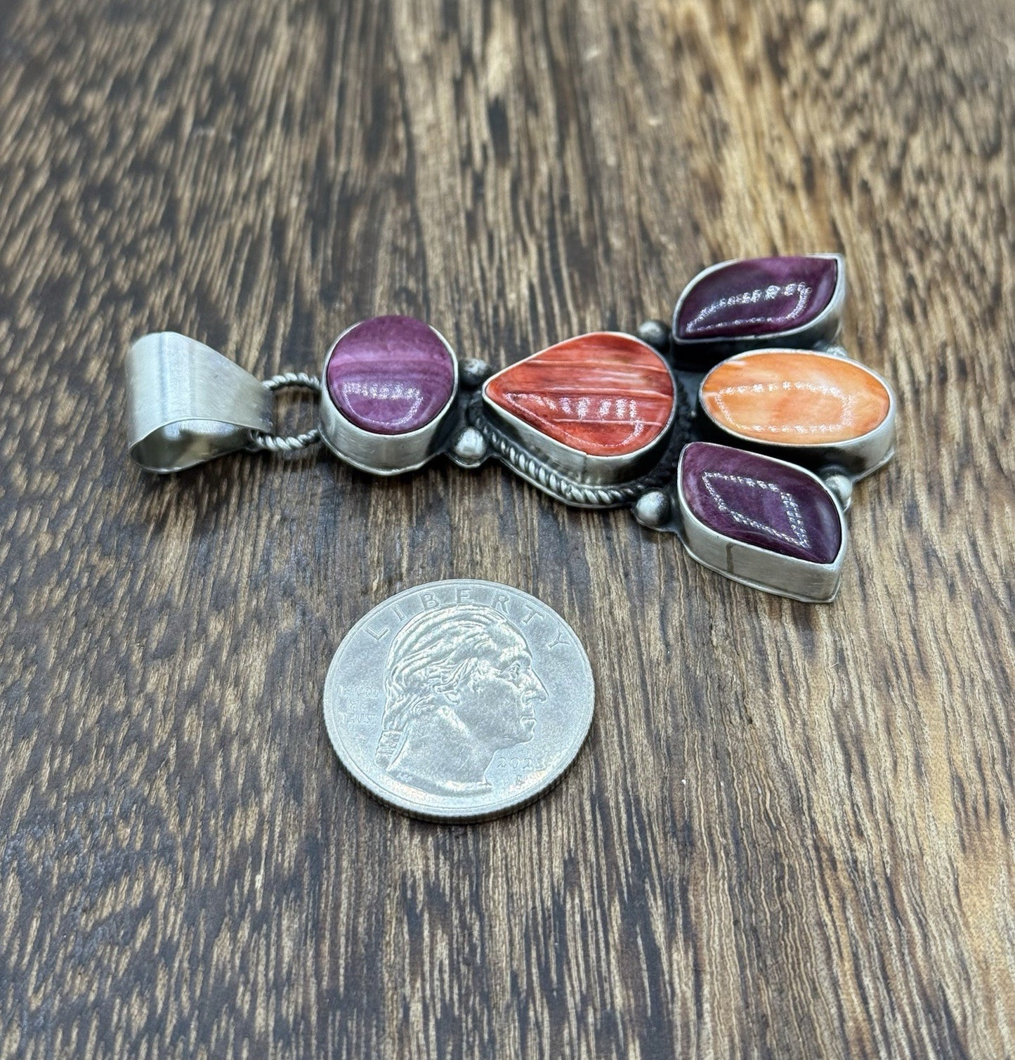 Native Navajo Handmade Sterling Silver Multi Spiny Oyster Shell Cluster Pendant